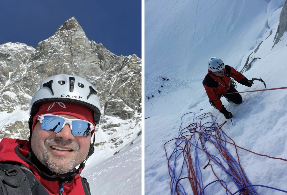 Bergbeklimmer Edoardo Ricci gefotografeerd in Breuil Cervinia voor de Matterhorn (links) en klimmend op de Tour Ronde in het Mont Blanc-massief (rechts). Courtesy of Edoardo Ricci