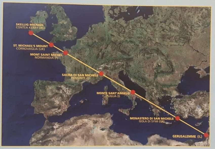 Een kaart van het zwaard van Sint-Michiel door Europa tot aan Jeruzalem. Credit: Foto met dank aan Sacra di San Michele