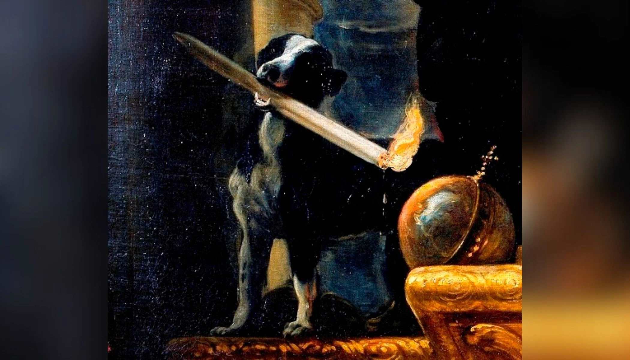 De “Domini Canis” (Latijn: “Hond van de Heer”) van Sint Dominicus, met een hond die een aangestoken fakkel in zijn mond houdt. Een afbeelding van de visie van Sint Jane van Aza, moeder van Sint Dominicus, zoals beschreven in de Libellus van Jordan van Saksen (overleden 1237), de eerste biograaf en opvolger van Sint Dominicus: Voordat zijn moeder hem ontving, zag ze in een visioen dat ze een hond in haar buik zou dragen die met een brandende fakkel in zijn mond uit haar buik leek te springen en de hele aarde in brand zette (“Domini Canis,” detail uit “Santo Domingo de Guzmán” door Claudio Coello, circa 1685). Bron: Claudio Coello, Publiek domein, via Wikimedia Commons