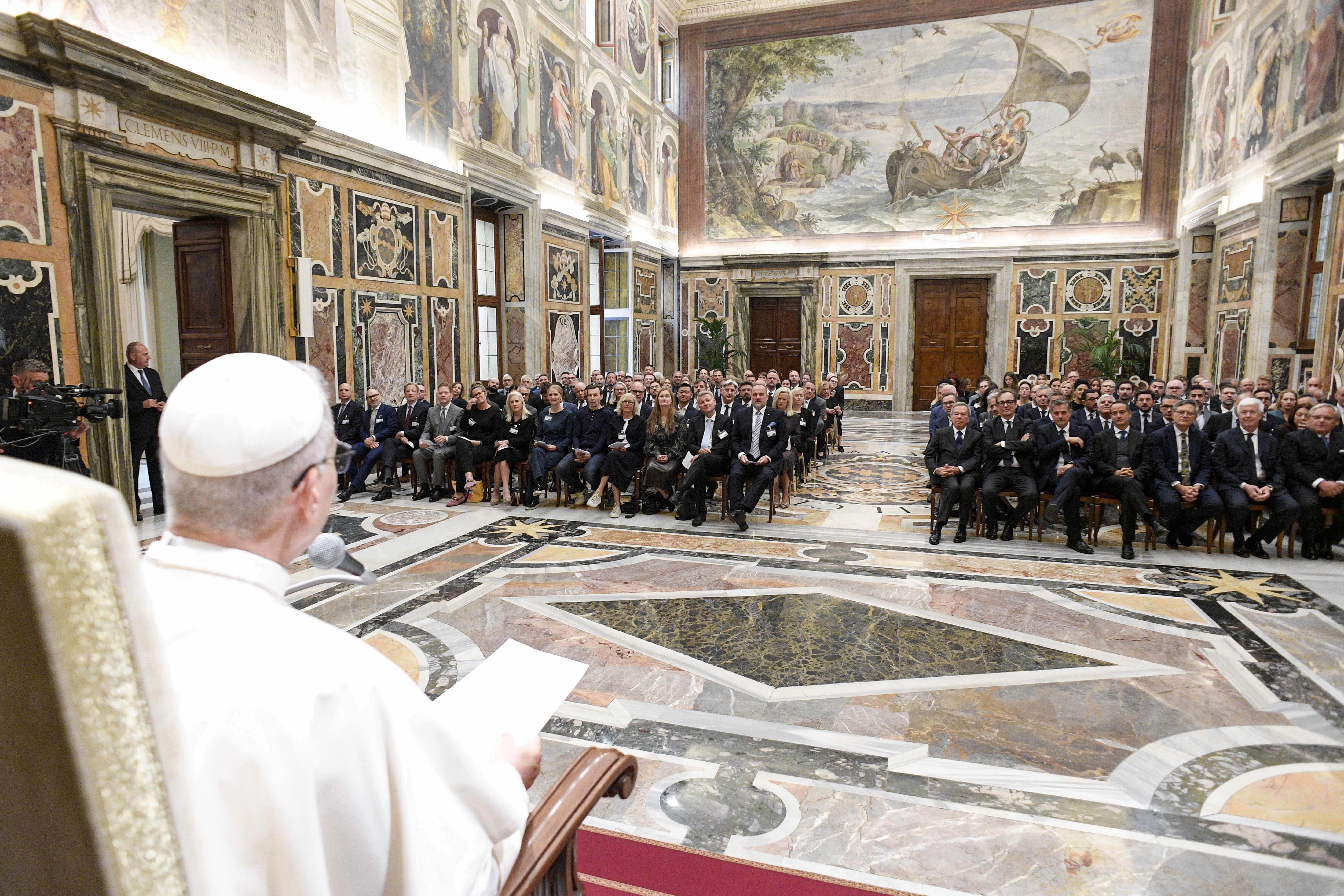 Pope Leo XIV addresses participants of the MINDS Conference in Rome, Thursday, Oct. 9, 2025. Credit: Vatican Media