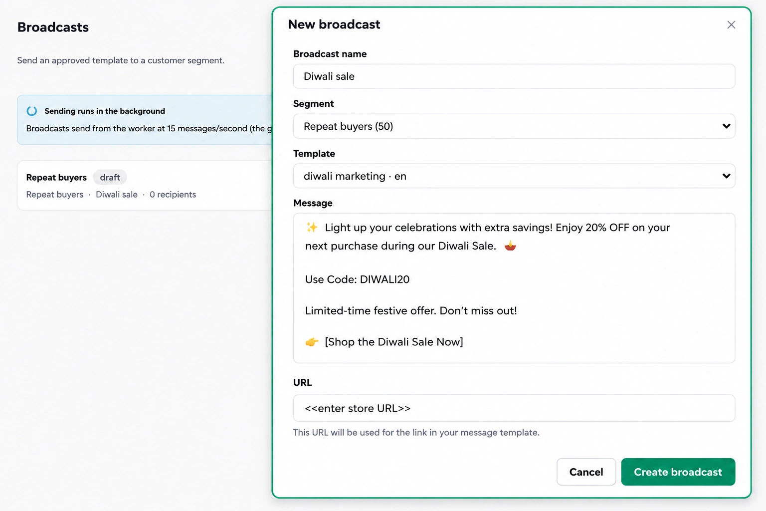 Generate a broadcast message to repeat buyers using template “Diwali sale”