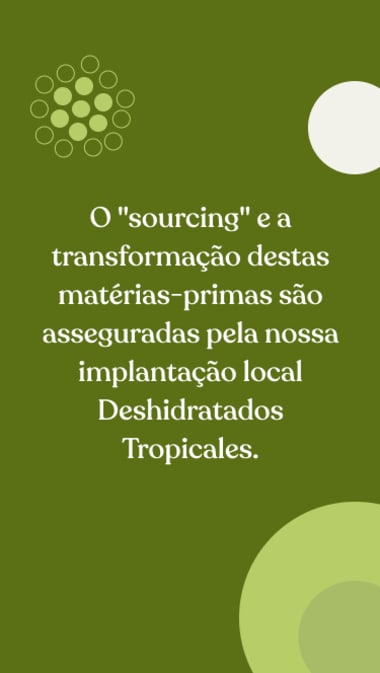 O "sourcing" e a transformação destas matérias-primas são asseguradas pela nossa implantação local Deshidratados Tropicales.