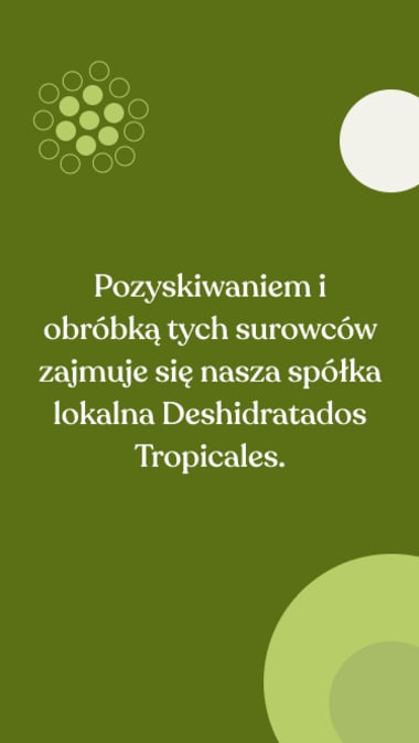 Pozyskiwaniem i obróbką tych surowców zajmuje się nasza spółka lokalna Deshidratados Tropicales.