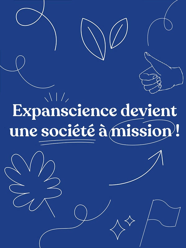 Image bleue avec inscription "Expanscience devient une société à mission"