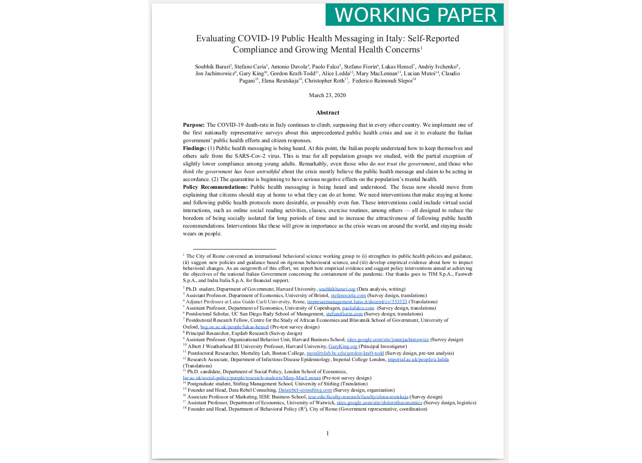 Evaluating Covid 19 Public Health Messaging In Italy Self Reported Compliance And Growing Mental Health Concerns Expilab Research