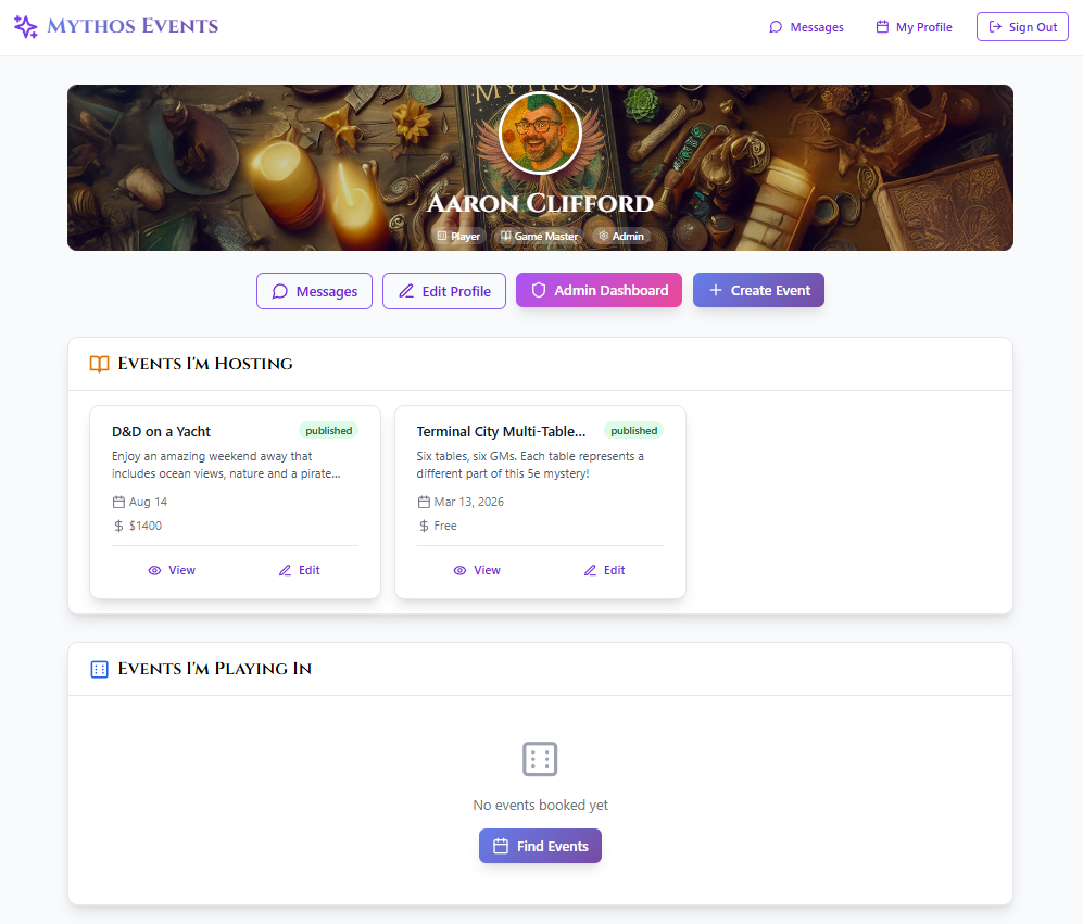 A view of the Mythos Events profile page showing GM hosted events and Player events.