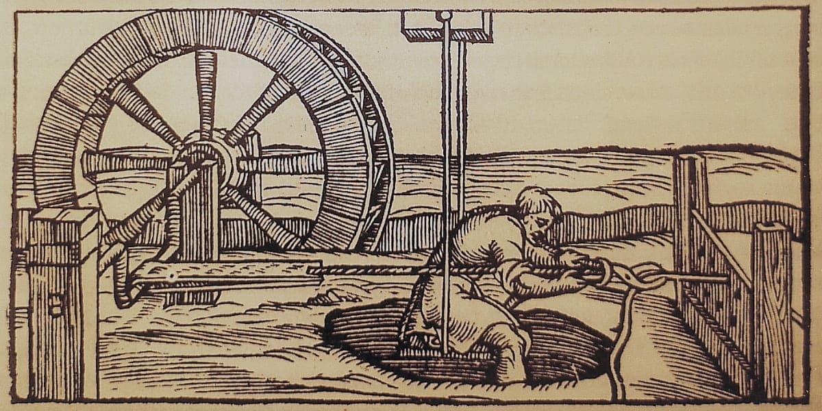 Xilografia raffigurante una macchina da trafila, Vannoccio Biringuccio, Venezia 1540
