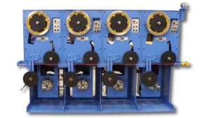 Rotating wire tension control system with traversing spool