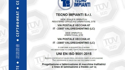 Tecno Impianti obtient la certification UNI EN ISO 9001:2015