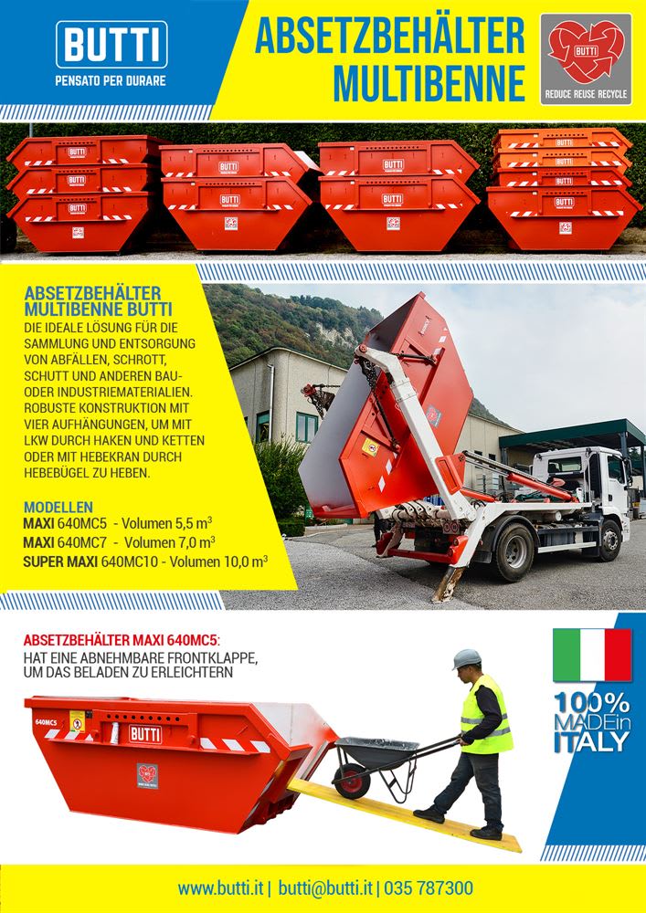 Rote Butti Absetzbehälter und Multibennen, Made in Italy, für die Sammlung und Entsorgung von Abfällen. Die Collage zeigt gestapelte Container, einen LKW beim Entleeren eines Containers und den Maxi 640MC5 mit offener Frontklappe, der über eine Rampe beladen wird.