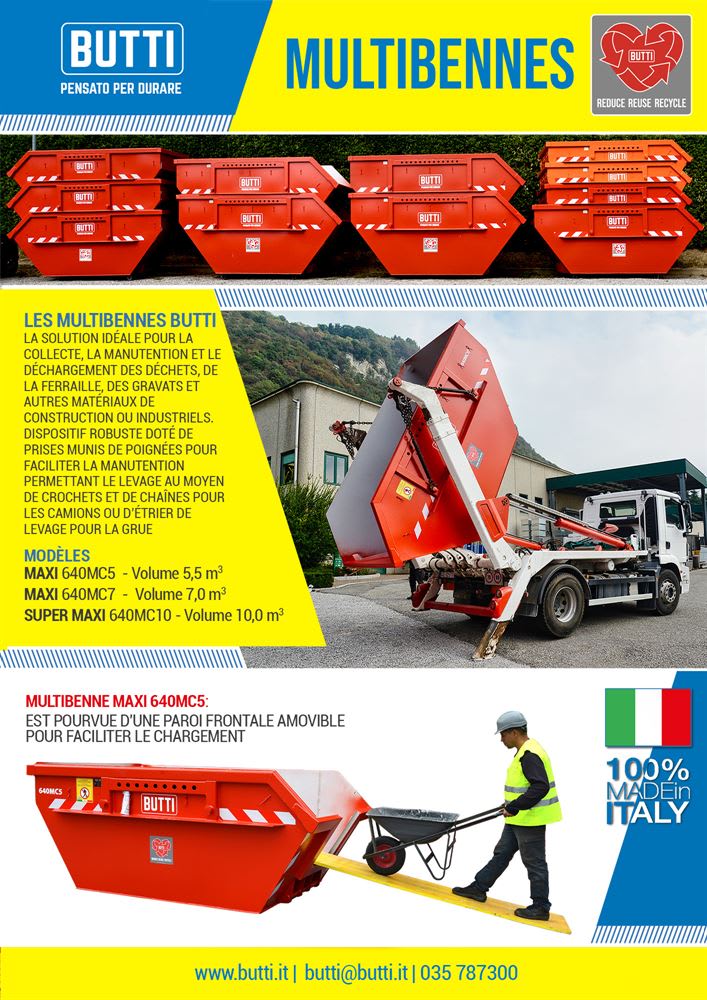 Publicité pour les multibennes Butti, présentant une gamme de bennes rouges pour la collecte et le recyclage des déchets. L'image montre un camion déchargeant une benne et un ouvrier remplissant une benne Maxi 640MC5 avec paroi frontale amovible.