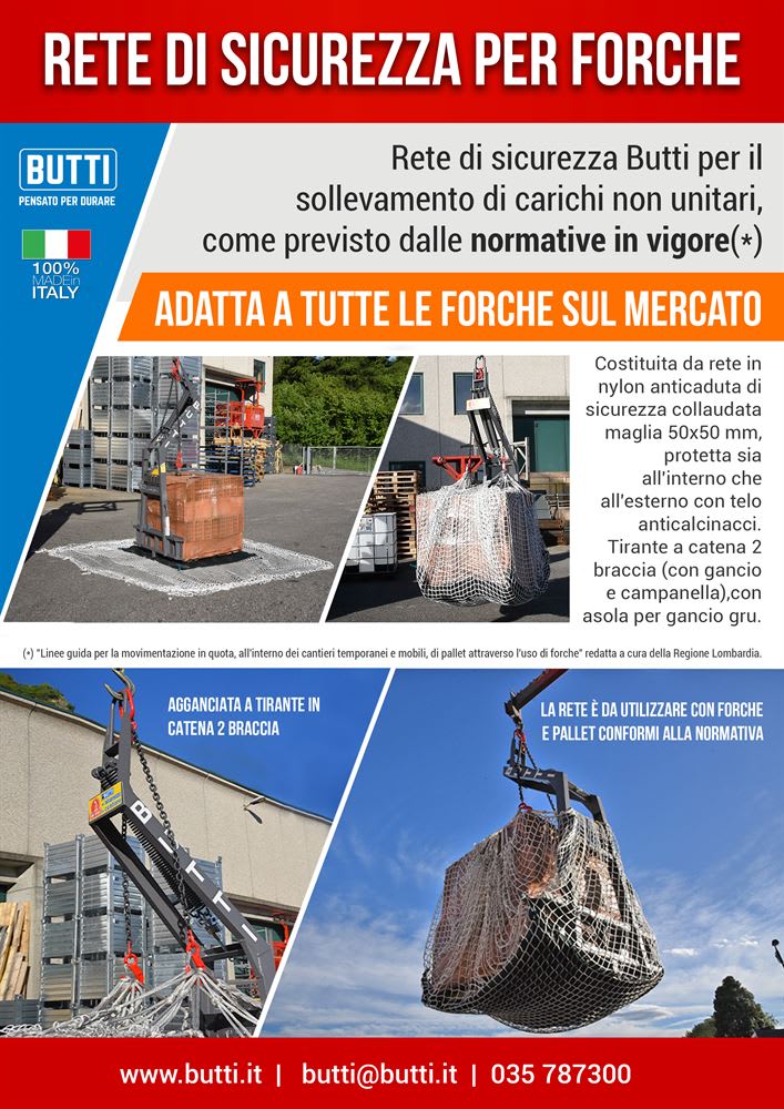 Rete di sicurezza Butti 100% Made in Italy in nylon certificato per il sollevamento di carichi non unitari con forche o gru, mostrata in azione mentre solleva un pallet di mattoni con aggancio a catena a due braccia.