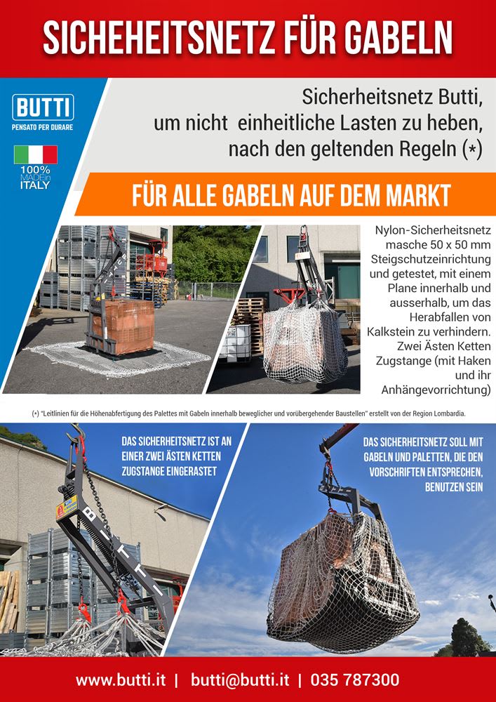 Butti Sicherheitsnetz für Gabeln zum sicheren Heben von Baulasten, gezeigt mit Kran und Kettenaufhängung.