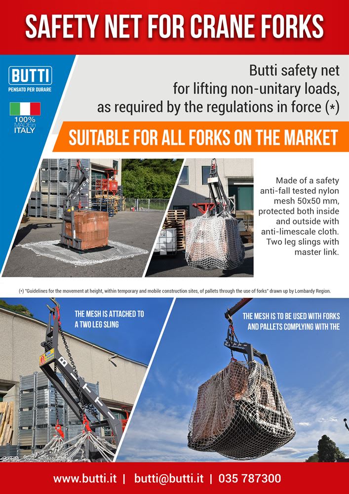 Butti anti-fall safety net for crane forks, ensuring secure lifting of non-unitary loads and pallets with durable nylon mesh, compatible with all fork types.