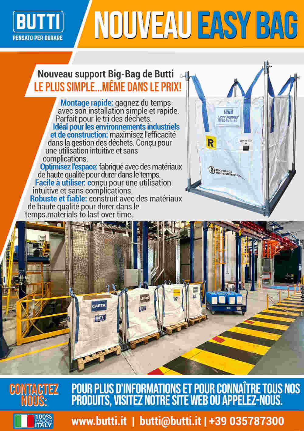 Publicité Butti pour le support Big-Bag 'Nouveau Easy Bag', montrant un Big-Bag blanc installé dans son cadre métallique à côté de plusieurs autres Big-Bags étiquetés 'CARTA' et 'LEGNO' dans un environnement industriel de tri et de gestion des déchets.