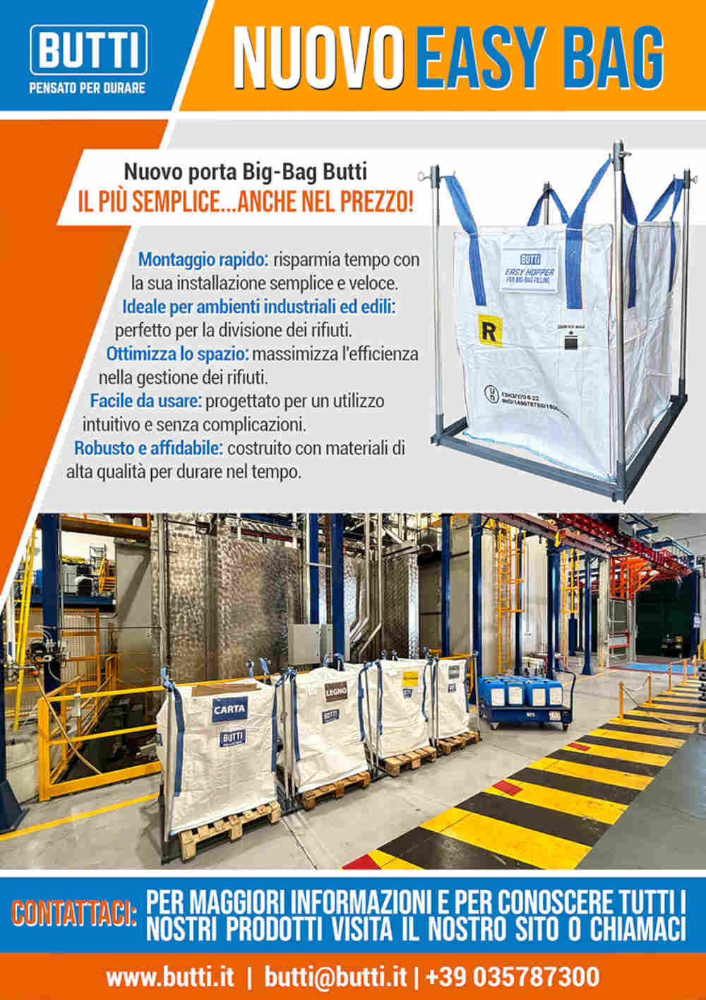 Il nuovo sistema porta Big-Bag Butti Easy Bag per la gestione e raccolta differenziata dei rifiuti, mostrato in un ambiente industriale con diverse unità per carta e legno.