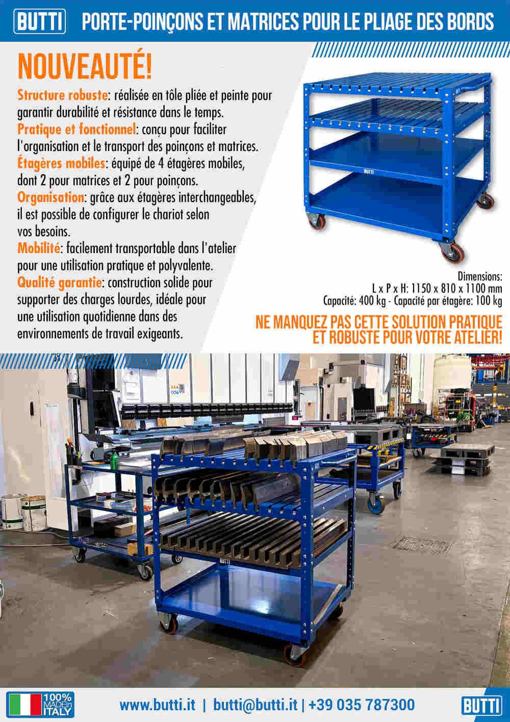 Chariot mobile BUTTI bleu pour porte-poinçons et matrices de pliage, robuste, avec quatre étagères modulaires, dans un environnement d'atelier industriel.