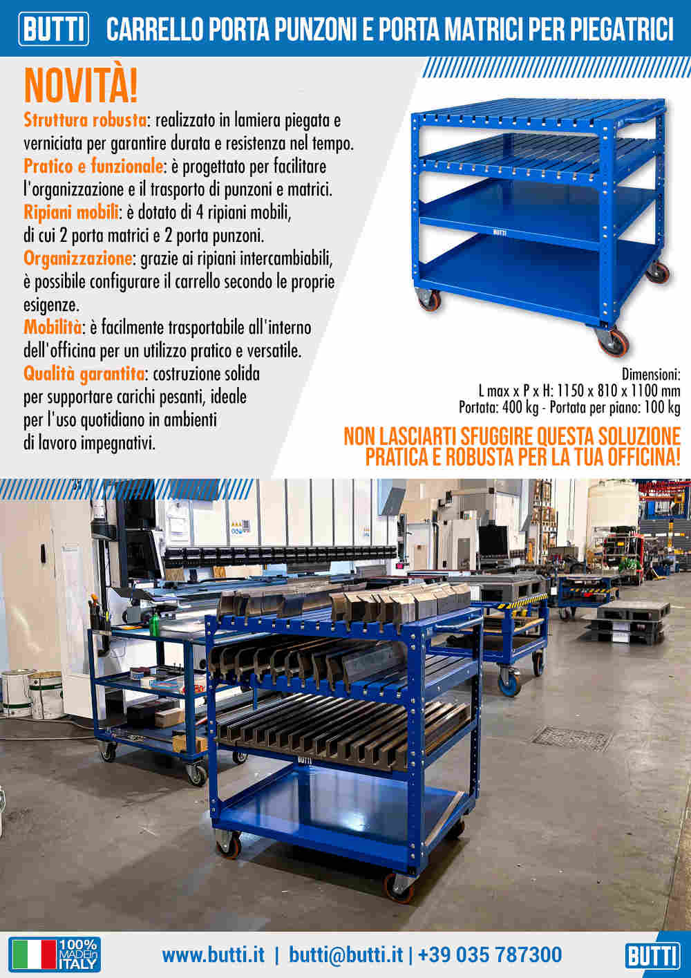 Carrello porta punzoni e matrici BUTTI per piegatrici, robusto e mobile con 4 ripiani intercambiabili, capacità 400 kg, in ambiente officina. Prodotto Made in Italy.