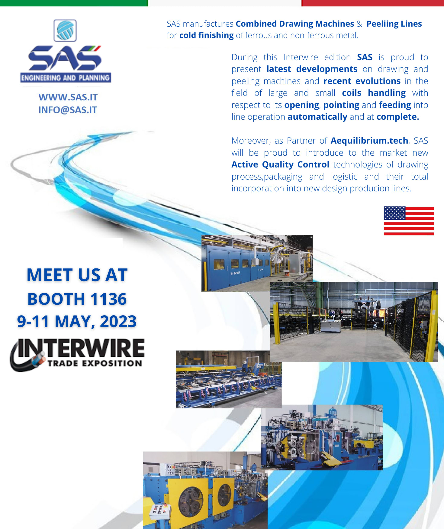 SAS Engineering and Planning advertisement for Interwire 2023, showcasing advanced combined drawing and peeling machines, automated coil handling, and active quality control technologies for metal cold finishing, with multiple images of blue and yellow industrial machinery.