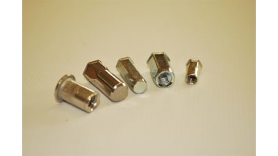 Cylindrical, hexagonal, and semi-hexagonal threaded rivet nuts for sheet metal