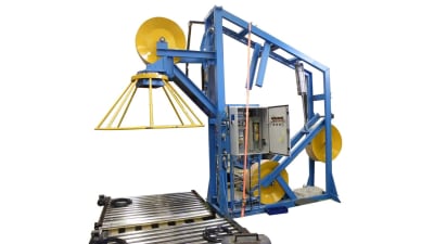 Vertical flyer wire pay-off with roller conveyor