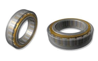 Two industrial roller bearings, featuring metallic rings and brass-colored cages, one shown at an angle and the other flat.