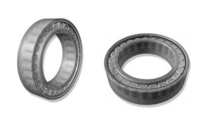 Two industrial roller bearings, including a spherical roller bearing on the left and a cylindrical roller bearing on the right.