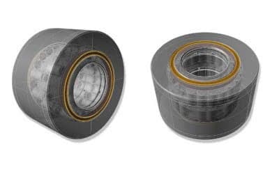 CAD render of a cylindrical ball bearing shown in two views: a side perspective revealing internal components, and a top-down view with a golden ring accent.