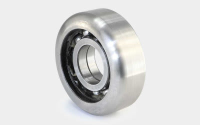 Metal ball bearing with visible internal rolling elements and an outer ring, used in mechanical applications.