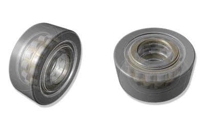 Pair of industrial roller bearings, with internal components visible, shown from an angled side and a top-down view.