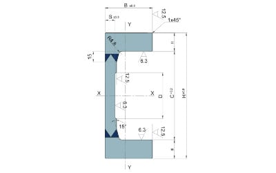 Technical drawing of a C-channel profile, showing detailed dimensions, R4.8 radius, 1x45 degree chamfer, and surface roughness specifications (6.3 and 12.5).