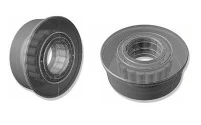 Cam follower roller bearing displayed in two transparent views, highlighting its internal cylindrical rollers from side and top perspectives.