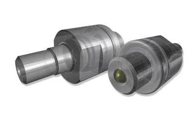 Precision machined metallic components, including a male pin connector with a tapered end and a female socket connector with a central green insert.