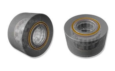 CAD rendering of an industrial bearing with a translucent outer casing revealing internal components and a prominent golden seal, shown in two different orientations.