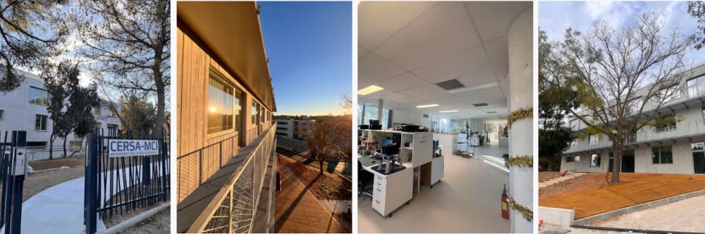 CERSA-MCI facility collage: exterior views of the modern building with surrounding trees and a welcome sign, a balcony perspective at sunset, and a bright interior shot of an equipped office and laboratory.