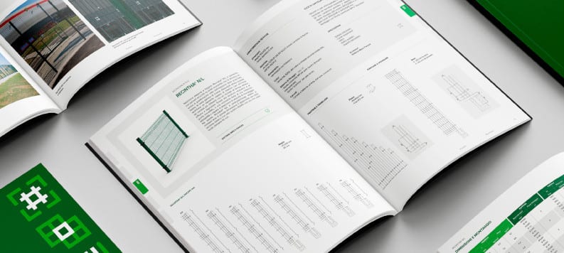 Open product catalogs displaying technical specifications, detailed diagrams, and installation information for fencing and construction products.