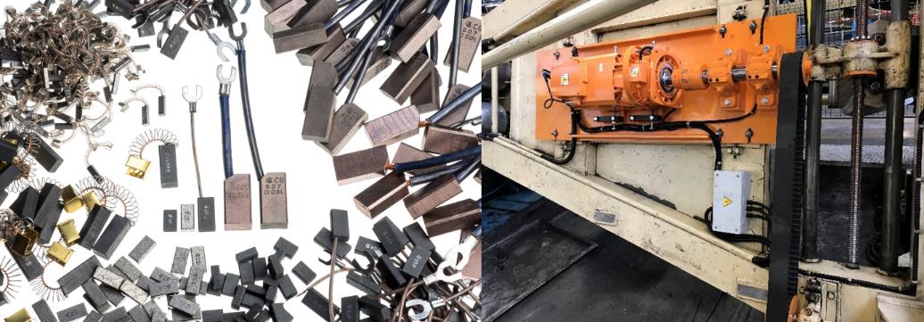 Various carbon brushes for electric motors, new and worn, including those with springs and leads, displayed next to an industrial machine featuring an orange gearbox and belt drive.