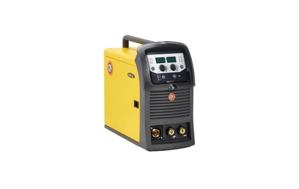 Compact yellow and dark gray TIG welding machine with a digital control panel, adjustment knobs, and front-facing connection ports.