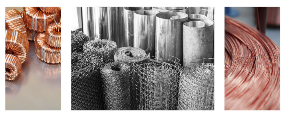 Copper electrical inductor coils, assorted rolls of metal mesh and sheet metal, and a large spool of bare copper wire.
