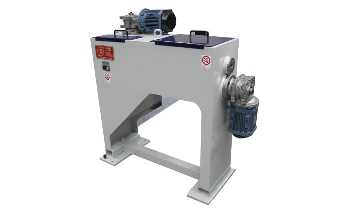 Grey industrial processing machine with two electric motors, reduction gearboxes, and blue access covers on top.