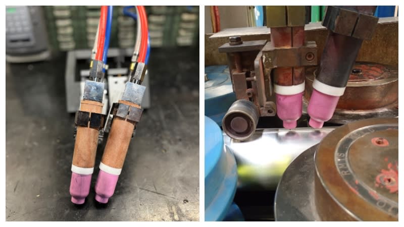 Ledica dual-cathode TIG torch and detail of the configuration installed on the line