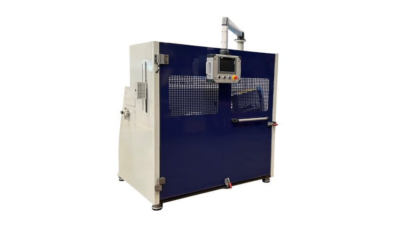 Blue and white industrial control machine featuring a touchscreen interface, emergency stop button, and mesh safety panels