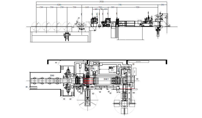 Engineering drawing of an industrial production line, displaying both a side elevation view with detailed dimensions and a top-down facility layout across Zone 1, Zone 2, and Zone 3.