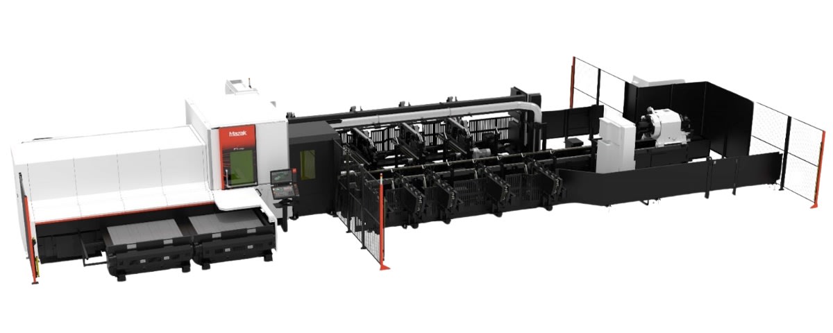 Side view of the unloading end of the Mazak FT-250: full rendering of the tube laser machine