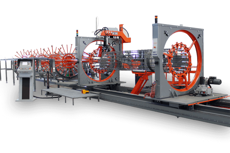 Machine industrielle SAF 2000 pour l'assemblage et le soudage automatisé de cages d'armature cylindriques, avec pupitre de commande et sections rotatives en action.
