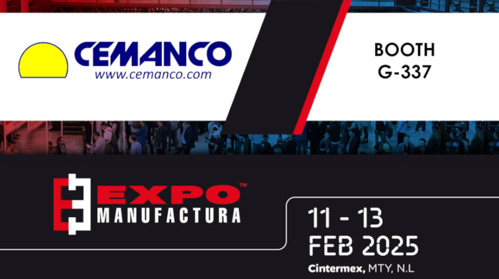 Cemanco logo and booth G-337 information for Expo Manufactura 2025, held from February 11-13 at Cintermex, MTY, N.L.