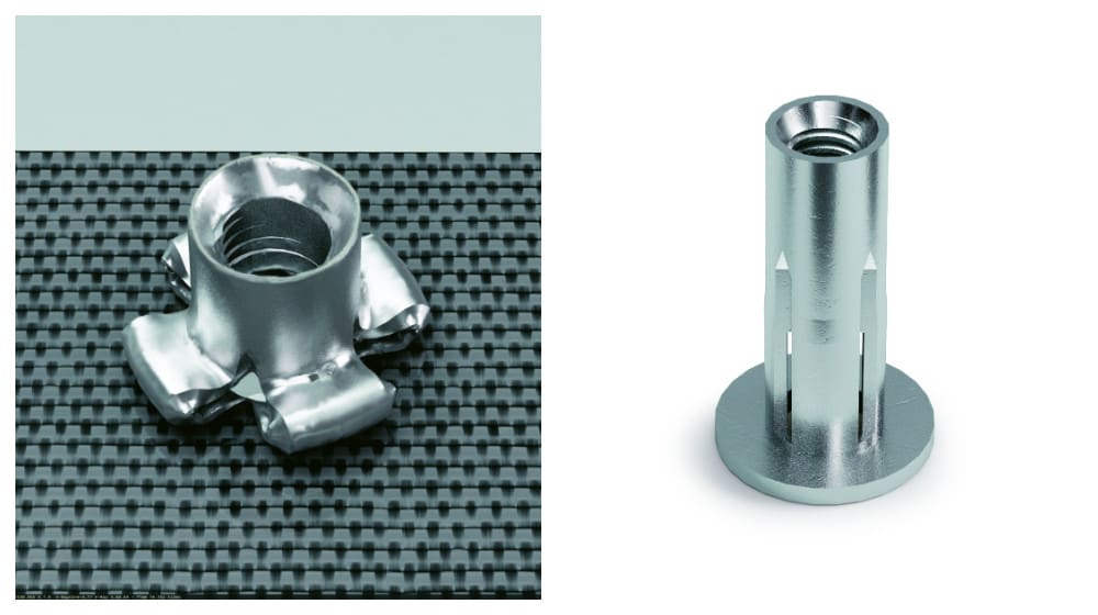 Two types of metal threaded inserts: a winged T-nut style fastener with a central thread on a dark patterned surface, and a flanged cylindrical expansion anchor with internal threading and longitudinal slits.
