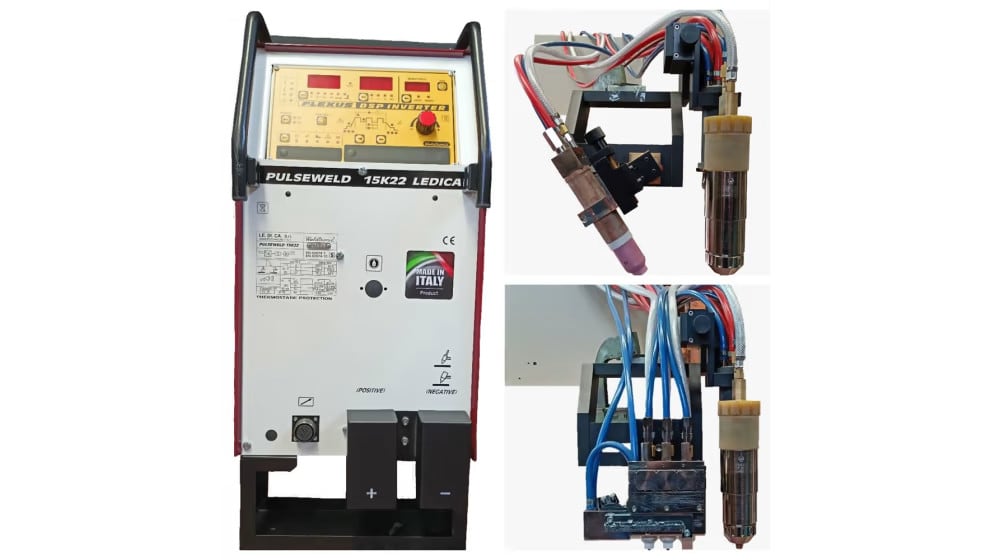 Saldatrice inverter a impulsi Pulseweld 15K22 Ledica, con pannello di controllo Plekus DSP e dettagli di torcia TIG e puntatrice per saldatura a punti.