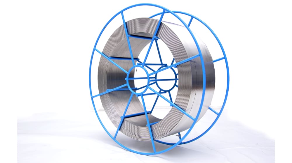 Large industrial reel with a blue support frame holding a substantial coil of metallic strip.