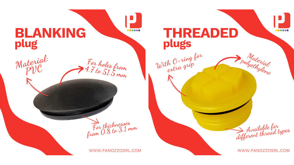 Panozzo industrial plastic plugs: a black PVC blanking plug for holes from 4.7 to 51.5mm and thicknesses from 0.8 to 3.1mm, and a yellow polyethylene threaded plug with an O-ring available for different thread types.